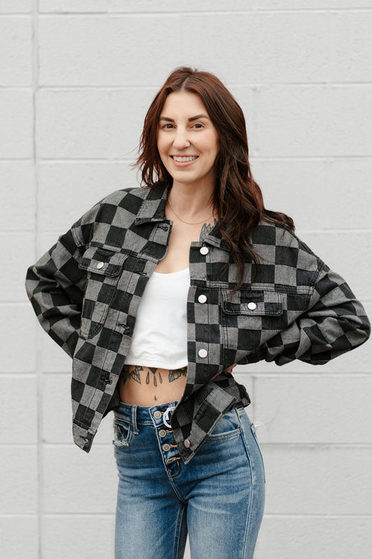 Checker Denim Pocketed Jacket