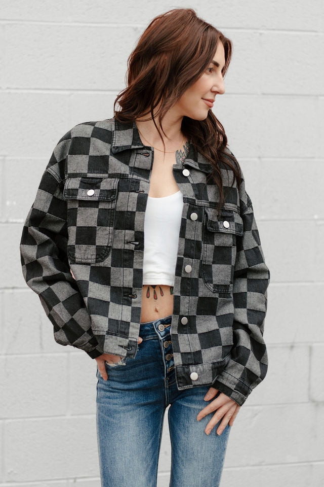 Checker Denim Pocketed Jacket