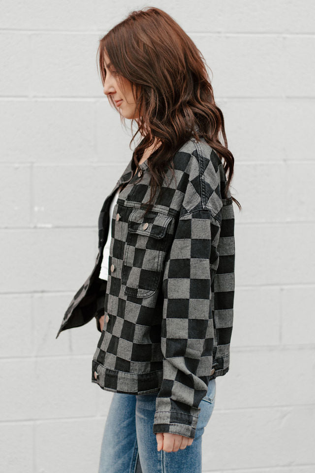 Checker Denim Pocketed Jacket